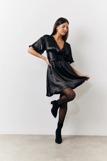 Black Liquid Satin Wrap Front Detail Mini Dress